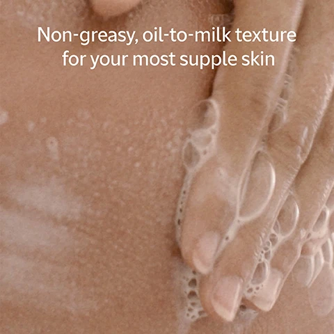 image 1, non greasy, oil to milk texture for your most supple skin. image 2, 99% readily biodegradable ingredients. image 3, almond heaven. the most luxurious shower oil and it smells amazing. image 4, 87% found skin nourished immediately after using. consumer test on 39 volunteers.
