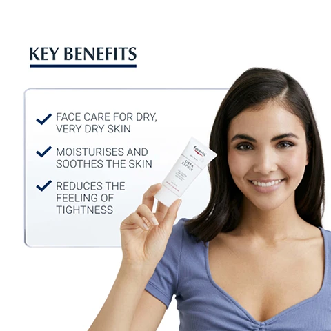 Image 1, key benefits = face care for dry and very dry skin. moisturises and soothes the skin. reduces the feeling of tightness. image 2, dry to very dry skin. for face. in the day. image 3, clinically proven results. increases skin moisture after 1 week. in vivo test amoung 24 people with healthy skin. image 4, key ingredients = UREA - improves skin hydration and makes the skin smoother. lactace = helps retain moisture in the skin. image 5, discover more - shower foam, 10% lotion, hand cream
