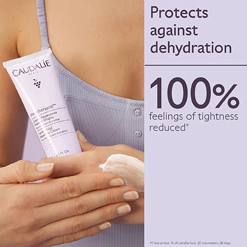 Image 1 - A person with light skin is applying a cream from a tube labeled Caudalie, while the text on the right states protects against dehydration and 100% feelings of tightness reduced.
Image 2 - Various skincare products by Caudalie are arranged on a light purple background, including a jar of Replenishing Vegan Body Butter, a tube of Hand & Nail Repairing Cream, a tube of Hyaluronic Nourishing Body Lotion, and a Foot Beauty Cream, with product names and descriptions visible.
Image 3 - An image showing a hand holding a tube of Caudalie Vinotherapist Hand Repairing Cream with recycling instructions that read: How To Recycle the Vinotherapist Hand Repairing Cream, 1. Recycle cap with TerraCycle, 2. Dispose of tube in recycling bin, and includes the product volume of 75ml - 2.5 FL. OZ.
Image 4 - Image shows two hand cream tubes labeled Vinoperfect Hand Cream and Vinotherapist™ Hand Cream, with descriptions indicating Vinoperfect is anti dark spots, nourishes & protects, and is enriched in Viniferine, while Vinotherapist™ is repairing, nourishes & protects, and is enriched in Grape seed oil; a visual comparison marked with a vs. in the center.