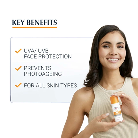 Image 1, key benefits. UVA/UVB face protection. prevents photoageing. for all skin types. image 2, face, light texture, unperfumed. image 3, 90% confirm suitable under makeup. product in use study with 329 women aged 25-55. image 4, key ingredients. licochalcone a = neutralise free radicals caused by UV and hevis light. hyaluronic acid = reduce wrinkles. glycrrhetinic acid = DNA repair mechanism.