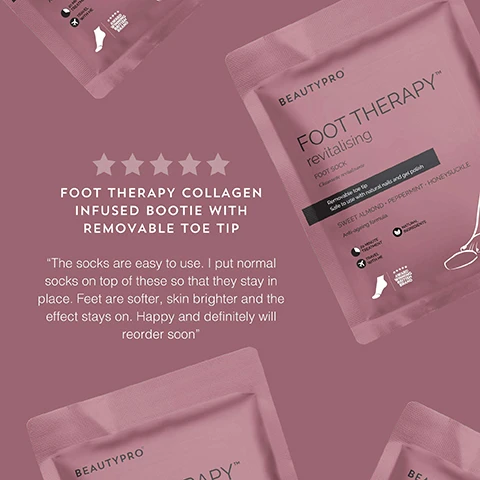 Image 1, customer review - the socks are easy to use, i put normal socks on the top of these so that they stray in place. feet are softer, skin brighter and the effect stays on. happy and definitely will reorder soon. image 3, top tip = remove the toe tip to enjoy a pedicure during the treatment time. image 4, honey sickle - anti inflammatory properties. sweet almond - helps absorption of moisture. peppermint - naturally cleanses the skin.