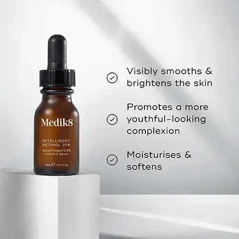 Image 1, Visibly smooths & brightens the skin Medik8 INTELLIGENT RETINOL 3TR Supercharged 0.31% Vitamin A Serum 15e/05 FLO Promotes a more youthful-looking complexion Moisturises & softens Image 2, PM Mediks HOW TO LAYER Mediks Mediks Mediks CLEANSE TONE VITAMIN A MOISTURISE EXPERT ADVICE: Always follow with a sunscreen the next morning to maintain maximum age-defying results. image 3, retinol - softens the apperance of fine lines and wrinkles. climbazole - helps to boost the power of retinol. squalane - deeply moisturises and supports the skin barrier.
