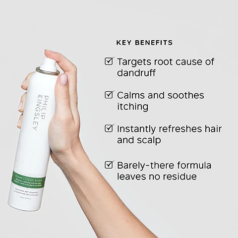 Image 1, key benefits. targets root cause of dandruff. calms and soothes itching. instantly refreshes hair and scalp. barely there formula leaves no residue. image 2, scalp itching and dandruff were reduced. invisible on the hair. independent user trial results. image 3, key ingredients. aloe vera - relief from itchiness and irritation. bisabolol - derivative of chamolmile which soothes and calms. zinc PCA - antibacterial and antifungal to help reduce bacteria. image 4, the best dry shampoo out there. love the cooling feel i get on scalp and no residue, love it. customer review.