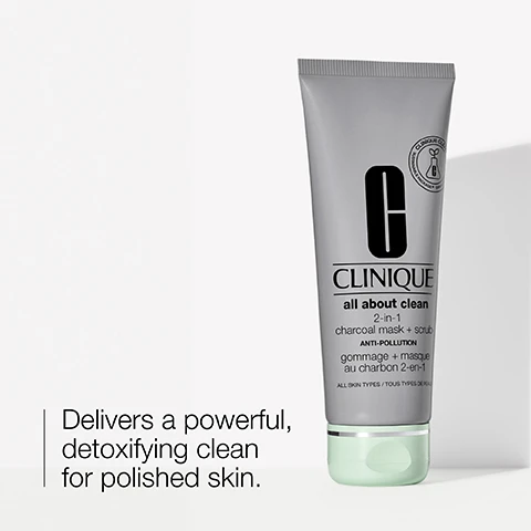 Image 1, delivers a powerful detoxifying clean for polished skin. image 2, exfoliate and refine.