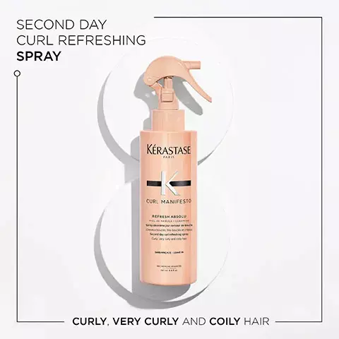 Image 1, Second day curl refreshing spray- curly, very curly and coily hair. Image 2, Before and After image- Illustration of the anticipated results obtained after applying the products bain hydrant douceur fondant hydration essentielle, creme de jour fondamentale and gelee Curl contour after one use and styling. Results may vary from one individual to another. Image 3, Curl Manifesto, up to 87% stronger curls, more nourishment, more curl definition. Image 4, Key ingredients, ceramide, manuka honey.