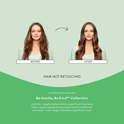 Image 1 - Image shows a woman with long hair, displayed in a split format labeled BEFORE on the left and AFTER on the right, with an arrow indicating transformation; there is also text below stating HAIR NOT RETOUCHED and a product list for the Be Gentle, Be Kind™ Collection including various hair care items.
Image 2 - Image features illustrations of matcha powder, a halved green apple, and lemon zest on a light green background, with text stating matcha rich in antioxidants to help protect against environmental damage, apple rich in procyanidin to supports a healthy scalp, and vitamin c protects the hair and scalp against free radical + UV damage.
Image 3 - Image shows a colorful display of hair care products from Briogeos Superfoods collection, featuring various bottles and jars surrounded by fresh fruits and vegetables, with visible text reading Briogeo Superfoods collection nourishes + hydrates hair with fruits, vegetables and vitamins.
Image 4 - An infographic promoting 6-free hair care with a light green background, featuring a circular arrangement of labels stating NO Silicones, NO Harsh Sulfates, NO Parabens, NO Phthalates, NO DEA, and NO Artificial Dyes, along with icons indicating the product is vegan, cruelty-free, and gluten-free.