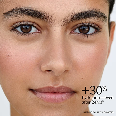 Image 1 - Close-up of a young womans face, showcasing her clear skin, brown eyes, and natural makeup, with the text +30% hydration-even after 24hrs* in the lower right corner, which also notes *INSTRUMENTAL TEST, 11 SUBJECTS. Image 2 - Image features pink rose petals with a water droplet, accompanied by text that includes Continual drip, lasting glow, Damask rose extract strengthens skins barrier, Hyaluronic acid attracts & maintains moisture, and Time-release technology delivers continuous hydration. Image 3 - Image shows four moisturizer products on a white background, including Lotus Youth Preserve Moisturizer, Lotus Dream Cream, Rose Deep Hydration Face Cream, and Black Tea Renewal Cream, with descriptions highlighting their benefits: Lotus Youth Preserve Smoothes texture & fine lines, Lotus Dream Cream Boosts radiance overnight, Rose Face Cream Strengthens & visibly plumps, Black Tea Renewal Cream Visibly firms & smoothes.