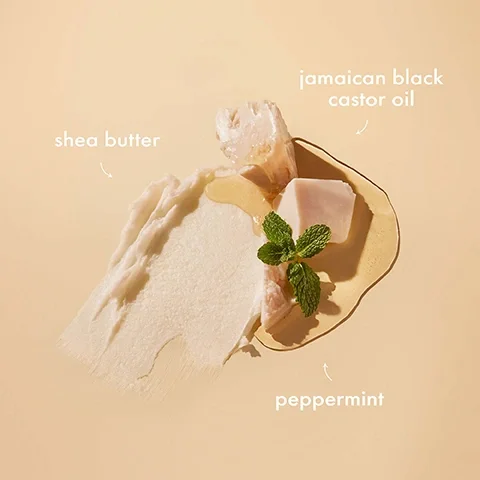 Image 2 - A flat lay of shea butter, Jamaican black castor oil, and a few peppermint leaves arranged on a light beige background, with text labels for shea butter, Jamaican black castor oil, and peppermint.