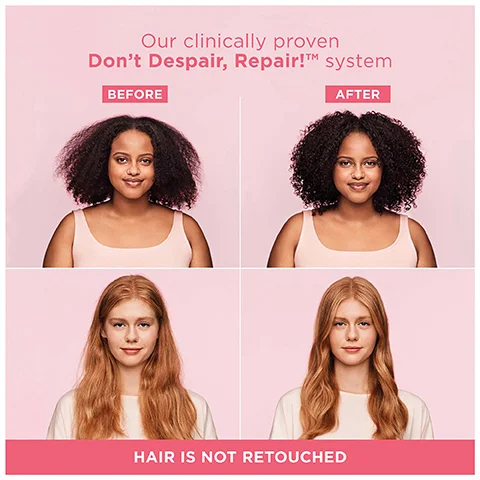 Image 1 - Image depicts a side-by-side comparison of two women showing the effects of a haircare system, with the top half labeled BEFORE and the bottom half labeled AFTER, and a text banner at the bottom stating HAIR IS NOT RETOUCHED.