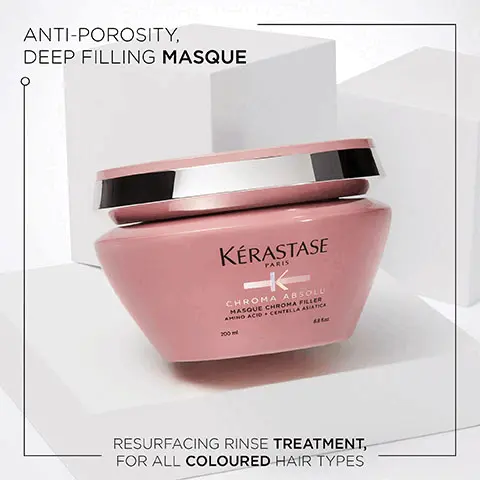 Image 1, Anti-porosity deep filling masque, resurfacing rinse treatment, for all coloured hair types. Image 2, Before and After image- Illustration of the anticipated results obtained after applying the products  bain chroma respect, fondant cica chroma, soin acide chroma gloss, serum chroma thermique after one use and styling. Results may vary from one individual to another. Image 3, Chroma Absolu, after 6 weeks, 92% of colour intensity is preserved, up to 74% more shine, up to 96% stronger hair, 98% of women agree that their hair feels nourished- instrumental test.21 applications of bain and fondant vs first day of colour, instrumental test. compared to before treatment with bain, instrumental test. soin acide and serum vs classic shampoo with sensitised hair, consumer test .51 women using bain riche, masque and serum with coloured hair. Image 4, Key Ingredients- Amino Acid, Tartaric Acid, Lactic Acid. Image 5, Chroma Absolu, Shelley Gregory, Hairdresser- Colour! One of the most requested Services in my salon. Chroma Absolu revives all types of colour-treated hair, preventing colour fade and frizz, for healthy, shiny hair.