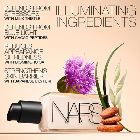 Image 1 - An image featuring a skincare product bottle with a black pump, surrounded by purple flowers, green leaves, and cocoa pods, along with text that reads ILLUMINATING INGREDIENTS, DEFENDS FROM STRESSORS WITH MILK THISTLE, DEFENDS FROM BLUE LIGHT WITH CACAO PEPTIDES, REDUCES APPEARANCE OF REDNESS WITH BIOMIMETIC OAT, and STRENGTHENS SKIN BARRIER WITH JAPANESE LILYTURF.
Image 2 - A close-up of a woman with glowing skin, alongside text stating RADIANT RESULTS 100% had an immediate improvement in radiance* 100% had an immediate reduction in the appearance of redness* *Based on a clinical study of 31 women.
Image 3 - Image features various NARS makeup products arranged artistically, including a foundation, concealer, eye brightener, and setting powder, with visible text labeling each product: 1 LIGHT REFLECTING FOUNDATION Enhance skins luminosity with flexible, buildable coverage, 2 RADIANT CREAMY CONCEALER Effortlessly brighten, correct, and perfect all over, 3 LIGHT REFLECTING EYE BRIGHTENER Illuminate the undereye area for an instantly awakened look, 4 LIGHT REFLECTING SETTING POWDER Lock makeup in place all day with a luminous finish.
Image 4 - An image showing two vertical columns of NARS makeup product names, with LIGHT REFLECTING™ FOUNDATION on the left featuring shade names like Siberia and Gobi, and RADIANT CREAMY CONCEALER on the right listing shades like Affogato and Chantilly, with the title at the top reading PAIR AND PERFECT.
Image 5 - An image showing a comparison between NARS Light Reflecting Foundation and Radiant Creamy Concealer, featuring the foundation shades listed on the left including Punjab, Patagonia, Vallauris, Santa Fe, Lanai, Sahel, Stromboli, and Porto, and the concealer shades on the right including Marron Glace, Crème Catalana, Café au Lait, Madeleine, Honey, Toffee, Custard, Cannelle, Tiramisu, Ginger, Honey, Macadamia, Custard, Café con Leche, Tiramisu, and Macadamia, with the title PAIR AND PERFECT at the top.
Image 6 - An image featuring two NARS cosmetics products: the Light Reflecting Foundation and Radiant Creamy Concealer, with various shade names displayed in two columns, including Vanuatu, Córdoba, Barcelona, Praline, Toffee, Ginger, and Sucre dOrge.
Image 7 - Image shows a comparison of foundation and concealer shades from NARS, with the left side listing Light Reflecting Foundation shades including Seville, Caracas, Lagos, Macao, Marquises, Perth, and Alexandria, and the right side listing Radiant Creamy Concealer shades, including Walnut, Chestnut, Walnut, Amande, Walnut, Amande, Truffle, Chocolat, Amande, Chocolat, and Truffle.