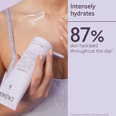 Image 1 - A person applying a cream to their shoulder with a tube in hand, featuring text that reads Intensely hydrates and 87% skin hydrated throughout the day* on a light background.
Image 2 - A tube of Caudalie Vinotherapist skincare product is shown with a cream partially squeezed out, alongside labels reading Polyphenols Antioxidant, Hyaluronic Acid Smooths and hydrates the surface of the skin, and Shea Butter Nourishes, regenerates and repairs, with the volume listed as 200ml and 6.7 fl. oz.
Image 3 - A flat lay of Caudalie skincare products on a lavender background, featuring tubes labeled Hyaluronic Nourishing Body Lotion, Replenishing Vegan Body Butter, Hand & Nail Repairing Cream, and Foot Beauty Cream, with step numbers 1 to 3 indicated beside each product.
Image 4 - Image shows a person applying body lotion from a tube while instructions for recycling the Vinotherapist™ Body Lotion are displayed beside them, stating to recycle the cap with TerraCycle and dispose of the tube in the recycling bin.