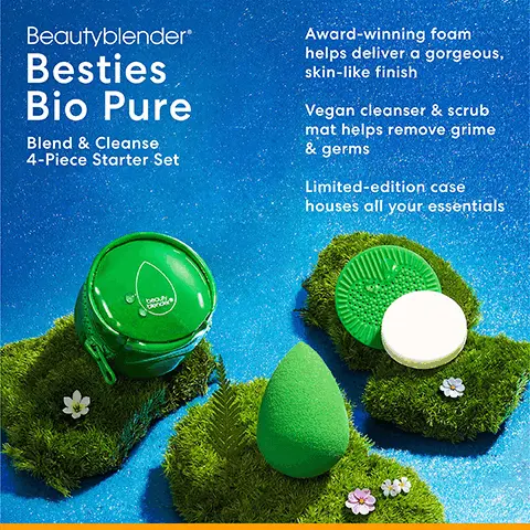 Beautyblender besties bio pure, blend & cleanse 4-piece starter set. Award-winning foam helps deliver a gorgeous skin-like finish. Vegan cleanser & scrub mat helps remove grime & germs. Limited-edition case houses all your essentials. Multi-use 360 to meet the various needs of makeup. Precision tip for hard-to-reach areas. Rounded side for neck & high points of the face. Flat bottom for all over coverage. Foam like no other. Pore-like texture mimics skin. Edgless, streak-free application. Works with liquids, creams and powders. Wet to prep expands and softens for the best blend. Award-winning foam absorbs water. Makeup stays on outside.