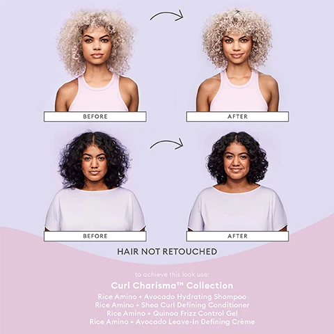 Image 1 - Image shows a side-by-side comparison of two women with curly hair in a before-and-after scenario; the first woman has blonde curls labeled Before above her and defined curls labeled After below, while the second woman has brown curls also labeled Before above and defined curls labeled After below, with additional text stating HAIR NOT RETOUCHED and listing products from the Curl Charisma Collection to achieve the look.
Image 2 - A side-by-side comparison shows a person with curly hair on the left labeled BEFORE and the same person with enhanced curls on the right labeled AFTER, with the text HAIR NOT RETOUCHED in between and product recommendations for achieving the look below.
Image 3 - Image showing four hair care ingredients: rice amino acids with a background of rice grains, shea butter, vitamin E in capsule form, and tomato fruit ferment with sliced tomatoes; each ingredient has a description of its benefits for hair.
Image 4 - Image shows a collection of hair care products titled Curl Charisma by Briogeo, featuring several containers and tubes on a light purple background, with an avocado and some quinoa grains placed beside them; visible text includes Curl Charisma Collection, moisturizes and helps to define + de-frizz curls, and Briogeo Curl Charisma.
Image 5 - A circular design on a pink background highlights 6-free hair care in bold text, surrounded by claims stating NO Silicones, NO Harsh Sulfates, NO Parabens, NO Phthalates, NO DEA, and NO Artificial Dyes, along with icons indicating the product is Vegan, Cruelty Free, and Gluten Free.
Image 6 - A bottle of Briogeo Curl Charisma rice amino and avocado hydrating shampoo is placed next to a slice of avocado on a light purple background, with the text define + moisturize curls above and a star icon nearby.