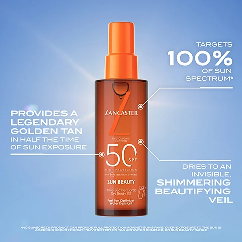 Image 1 - A brown spray bottle of Lancaster sun oil with a bright orange cap is centered on a blue background, featuring the text Targets 100% of sun spectrum, Provides a legendary golden tan in half the time of sun exposure, 50 SPF, and Dries to an invisible, shimmering beautifying veil.
Image 2 - A round, golden droplet of liquid sits on a smooth surface, with text to the right stating INSTINCTLY MELTS INTO SKIN, SATIN DRY FINISH, and SENSORIAL AND WATER-RESISTANT FORMULA.
Image 3 - The image shows two bottles of Lancaster Sun Beauty products, one labeled as Sun Beauty Fast Tan Optimizer with 50 SPF on the right, and a new, redesigned pack indicated with a text bubble at the top reading NEW PACK.
Image 4 - A close-up of a womans bare arm with a light blue background, displaying instructions for applying a product: 1 SHAKE WELL TO PREP, 2 SPRAY ALL OVER BODY AND BLEND IN SEAMLESSLY, 3 REAPPLY REGULARLY TO STAY PROTECTED.