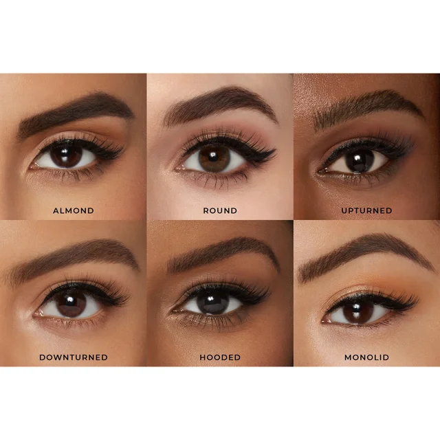 Lashes modelled on different eye shapes: Almond, Round, Upturned, Downturned, Hooded, Monolid