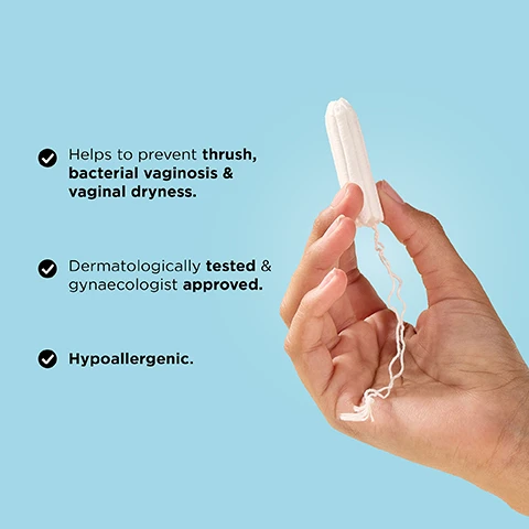 Image 1 - Image of a hand holding a white tampon against a light blue background, with text indicating benefits: helps to prevent thrush, bacterial vaginosis, and vaginal dryness; dermatologically tested and gynaecologist approved; hypoallergenic.
Image 2 - A person holds a white tampon in their hand against a light blue background featuring large text that says 0% PLASTICS OR IRRITANTS and a smaller note that says 100% ORGANIC COTTON.
Image 3 - A pair of hands holds multiple wrapped menstrual products in yellow, green, and blue, with an absorbency guide on a light blue background displaying categories for &SISTERS by Mooncup® and other brands.