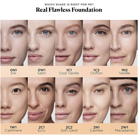 Image 1-3, which shade is right for me? real flawless foundation shades. model's with the shades on. Image 4, foundation swatches on four different skin tones. Image 3, camelia seed, naturally defends against signs of aging and protects your skin barrier. Image 5, improves skin texture, natural, skin like finish, 24 hour hydration, fade, sweat and water proof.