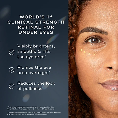 Image 1 - A close-up of a womans face featuring her eye with small dots of cream under it, accompanied by text indicating it is the worlds first clinical strength retinol for under eyes, detailing benefits like visibly brightening and smoothing the eye area, plumping overnight, and reducing puffiness.
Image 2 - Image shows a side-by-side comparison of an eye area labeled BEFORE on the left and AFTER 1 USE on the right, illustrating a visible reduction in wrinkles, with a tube of Medi8 product at the bottom that states 94% showed a clinical improvement to the look of wrinkles around the eyes with just 1 use.
Image 3 - Three tubes of eye cream in varying sizes are displayed above swatches of a creamy, yellow product, with text stating 3 STRENGTHS TO WORK YOUR WAY UP, STRENGTH 10 (0.10% RETINALDEHYDE) For advanced vitamin A users, STRENGTH 6 (0.06% RETINALDEHYDE) For regular vitamin A users, and STRENGTH 3 (0.03% RETINALDEHYDE) For new vitamin A users.
Image 4 - Image shows a skincare routine with four products labeled for evening (PM) and morning (AM) use: a white cleanser, a toner in a clear bottle, a vitamin A cream in a silver tube, and an eye cream in a small silver tube, with the text HOW TO LAYER and EXPERT ADVICE: Always use a sunscreen the morning after using vitamin A products.