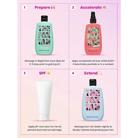 1 = prepare, massage in rapid elixir once daily for 3-5 days prior to gaining UV. 2 = accelerate, apply accelerator all over whilst kickin it beachside, poolside or in a sunbed. 3 = SPF, apply SPF over your fox tan to prevent burn and sun damage. 4 = extend, massage sun tan sealer nightly to deeply hydrate and prolong your tan.