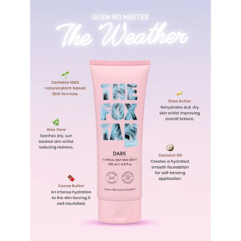 image 1, glow no matter the weather. Contains 100% natural plant based DHA formula. Aloe vera soothes dry, sun basked skin whilst reducing redness. cocoa butter an intense hydration to the skin leabing it well nourished. shea butter rehydrates dull dry skin whilst improving overall texture. coconut oil creates a hydrates, smooth foundation for self tanning application. image 2, 1 = prep your glow, exfoliate, shave get squeaky clean skin for a silky smooth base. 2 = glove up bby, our luxe velvet tanning mitt will glide effortlessly alloweing a streak-free glow. 3 = get glowing, apply to your skin liberally using our mitt, making sure to cover your whole bod. 4 = marinate, allow the tan to develop to ensure a flawless, bronzy sun kissed glow.
