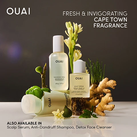 Image 1 - A collection of OUAI hair care products displayed with flowers and greenery, including a thickening spray and a scalp serum, with text reading FRESH & INVIGORATING CAPE TOWN FRAGRANCE and ALSO AVAILABLE IN Scalp Serum, Anti-Dandruff Shampoo, Detox Face Cleanser.
Image 2 - A person holds a spray bottle of OUAI Thickening Spray against a black background, with text detailing benefits: AMARANTH PEPTIDE helps increase the diameter of the hair, helping the hair look fuller; AMINO ACID helps nourish and repair the hair cuticle; VOLUME POLYMERS helps provide long-lasting volume; 6 fl oz / 177 ml.
Image 3 - Image showing a woman with long blond hair styled differently on the left and right sides; the left displays her hair straight and sleek labeled BEFORE, while the right shows her hair with more volume and waves labeled AFTER and notes *NO EXTENSIONS USED at the bottom.
Image 4 - A side-by-side comparison shows a woman with straight red hair on the left labeled BEFORE and the same woman with styled wavy red hair on the right labeled AFTER *NO EXTENSIONS USED, both wearing a black top.
Image 5 - A model with long blonde hair poses against a light blue background, wearing a white turtleneck, with text highlighting the benefits of thickening spray: instantly delivers thicker & fuller-looking hair, adds volume that lasts all day, actively repairs for healthier hair, and includes the brand name OUAI.
Image 6 - A woman with long, wet hair demonstrates hair care steps, holding a serum bottle and applying it to her scalp in the first panel, smiling while massaging her scalp in the second, spraying a thickening product in the third, and finally styling her hair with a blow dryer in the fourth, with visible text indicating each step.