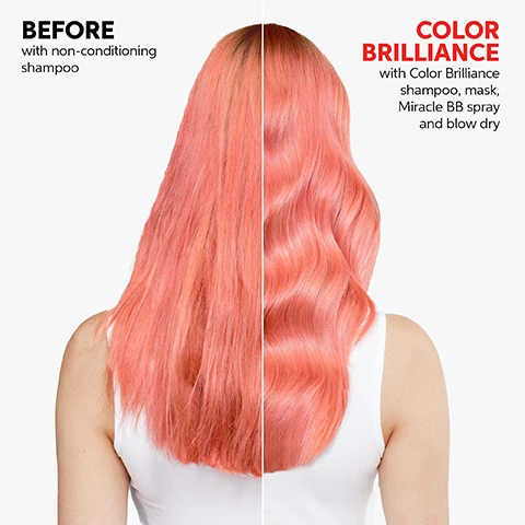 Image 1, before with non conditioning shampoo. after with colour brilliance shampoo, mask, miracle BB spray and blow dry. image 2, new 300ml bottle, same great formula. image 3, instant colour vibrancy. image 4, colour protection, colour vibrancy, shine, metal purifier.