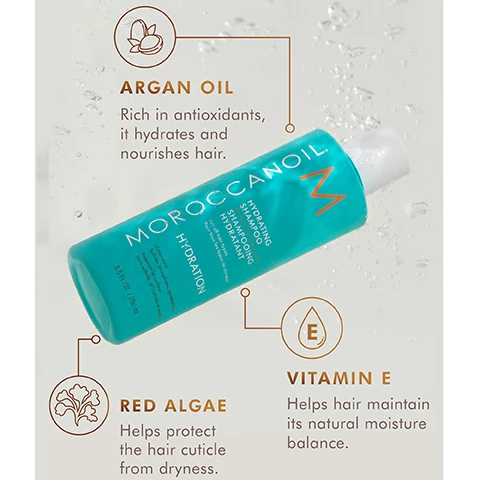 Image 1, 2 and 3, argan oil - rich in antioxidants it hydrates and nourishes hair. red algae - helps protect the hair cuticle from dryness. vitamin e - helps hair maintain its natural moisture balance.