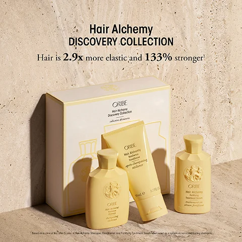Oribe Hair Alchemy Discovery Collection box and three products with text overlay Hair Alchemy DISCOVERY COLLECTION Hair is 2.9x more elastic and 133% stronger.