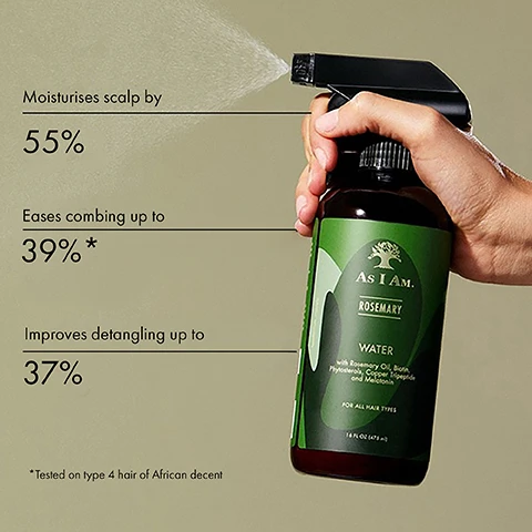 Image 1 - A hand holds a spray bottle labeled As I Am Rosemary Water, with text highlighting benefits: Moisturises scalp by 55%, Eases combing up to 39%, Improves detangling up to 37%, and tested on type 4 hair of African descent.
Image 2 - A bottle of As I Am Rosemary Water is displayed against a light green background, with text stating it strengthens hair up to 30%, moisturizes hair up to 36%, and reduces scalp water loss by 31%, along with footnotes about the testing conditions.