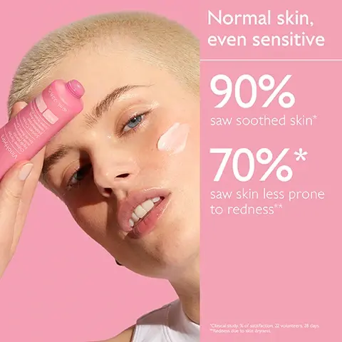 Image 1, normal skin, even sensitive. 90% saw soothed skin. 70% saw skin less prone to redness. clinical study % of satisfaction, 22 volunteers, 28 days. redness due to skin dryness. image 2, before and after. 90% saw soothed skin. unretouched results after using sorbet cream moisturiser 2 times a day for 1 month. image 3, your vino hydra routine. step 1 = hyaluronic acid. step 2 = combination skin, normal skin, dry skin. image 4, which moisturiser for my skin? dry skin, normal skin, combination