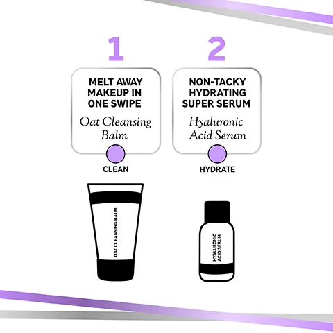 image 1, 1 = melt away makeup in one swipe with oat cleansing balm. 2 = non tacky hydrating super serum hyaluronic acid. image 2, oat cleansing balm - removes makeup and SPF, deeply nourishes and hydrates, non stripping, non drying. image 3, hyaluronic acid serum = clinically proven to increase hydration, helps maintain effective skin barrier, hydrates plumps and smooths. image 4, before, during and after all unretouched. using oat cleansing balm. 95% agree it instantly removed makeup and SPF. 4 week independent clinical study of 22 people.