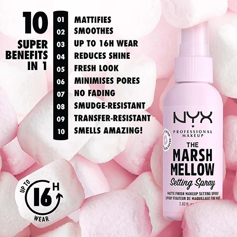 Image 1, 10 super benefits in 1 = mattifies, smoothes, up to 16 hour wear, reduces shine, fresh look, minimises pores, no fading, smudge resistant, transfer resistant, smells amazing. image 2, apply after makeup. for smooth, matte finish that stays fresh all day. image 3, for marshmellow smooth makeup that grips. prep and set. for a marshmellow matte finish that lasts. image 4, our best selling setting sprays.