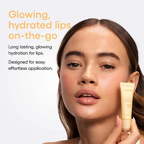 Image 1 - A woman with glowing skin and hydrated lips holds a yellow tube of Laneige Lip Glowy Balm in Vanilla, with marketing text on the left side of the image that reads: Glowing, hydrated lips on-the-go. Long lasting, glowing hydration for lips. Designed for easy effortless application. LANEIGE LIP GLOWY BALM BAUME BRILLANT POUR LES LEVRES VANILLA VANILLE Net Wt. 0.35 oz./Poids net. Image 2 - A Laneige Lip Glowy Balm in Vanilla is shown upright surrounded by white orchids, vanilla beans, and creamy white swirls, with text reading: Lips as smooth as butter, Infused with two blends of butter for the smoothness your lips crave, Shea Butter to nourish, Murumuru Seed Butter to hydrate, LANEIGE, LIP GLOWY BALM, BAUME BRILLANT POUR LES LÈVRES, VANILLA, VANILLE, Net Wt. 0.35 oz. / Poids net 10 g. Image 3 - A light background with white and light green orchid flowers and dark vanilla bean pods, displaying survey results: BUTTER UP, THEN PUCKER UP! After 1 Week of Use, 98% Agreed lips look glossy & feel smoother, 94% Agreed lips feel well-hydrated, 96% Agreed lips feel nourished, 92% Agreed lips look less flaky.