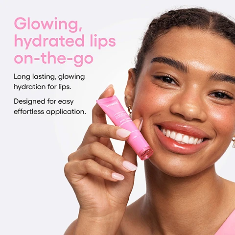 Image 1 - A smiling person with glowing skin and braided hair holds a pink tube of Laneige Lip Glowy Balm, with accompanying text that reads Glowing, hydrated lips on-the-go, Long lasting, glowing hydration for lips. Designed for easy effortless application. and on the product tube, LANEIGE LIP GLOWY BALM BAUME BRILLANT POUR LES LÈVRES SWEET CANDY BONBON GOURMAND 0.35 oz. / Poids Net 10 g. Image 2 - A pink LANEIGE Lip Glowy Balm tube and applicator rest on a white surface next to a swirl of pink product, surrounded by pink candies and a pink and white swirled lollipop; text on the image reads Lips as smooth as butter Infused with two blends of butter for the smoothness your lips crave. Shea Butter to nourish Murumuru Seed Butter to hydrate LANEIGE LIP GLOWY BALM BAUME BRILLANT POUR LES LÈVRES SWEET CANDY BONBON GOURMAND Net Wt. 0.35 oz. / Poids net 10 g. Image 3 - The image shows a marketing graphic with two glossy pink spheres on white sticks at the bottom, and text at the top reading: BUTTER UP, THEN PUCKER UP! After 1 Week of Use, followed by four pink circular statistics: 98% Agreed lips look glossy & feel smoother, 96% Agreed lips feel nourished, 94% Agreed lips feel well-hydrated, and 92% Agreed lips look less flaky. Image 4 - A cluster of seven colorful lip gloss bottles in shades of lavender, fuchsia, red, yellow, purple, light pink, and beige, with clear applicators each topped with a dollop of matching colored gloss, and text that reads: Glossing 10 million* lips worldwide! *Period: 2017 - 2023, Net wt. 10 g, Net wt. 0.35 oz. / Poids net 10 g, and Net Wt.