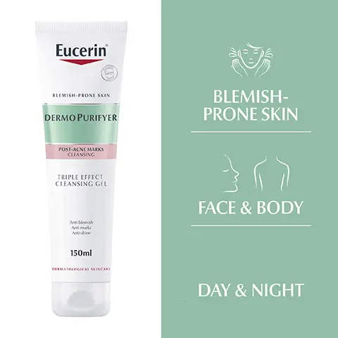 Image 1, Eucerin® BLEMISH-PRONE SKIN DERMO PURIFYER BLEMISH- PRONE SKIN POST-ACNE MARKS CLEANSING TRIPLE EFFECT CLEANSING GEL FACE & BODY Anti-blemish Antima Ande 150ml DERMATOLOGICAL SKINCARE DAY & NIGHT Image 2, KEY INGREDIENTS AHA/BHA/PHA ACID COMPLEX Exfoliating effect to remove dead skin cells and reduce marks. Preparing skin for care. 2% ANTI-BACTERIAL SALICYLIC ACID Anti-bacterial efficacy to reduce impurities CLEANSING ACTION Thoroughly cleanses to remove sebum, dirt and make up