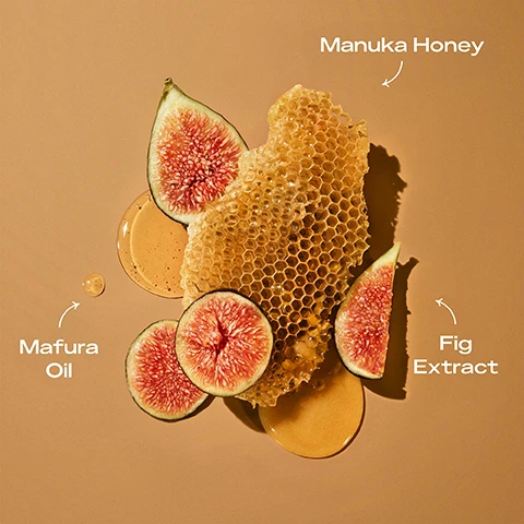 Image 1 - An arrangement of honeycomb, fresh figs sliced to reveal their pink flesh, and drops of honey or oil on a beige background, with text labels indicating Mafura Oil, Manuka Honey, and Fig Extract.
Image 2 - A jar of SheaMoisture Manuka Honey & Mafura Oil Intensive Hydration Leave-In Conditioner is displayed on a beige background, with notes highlighting its benefits: Great for curly and coily hair, Deeply nourishes and smooths, Boosts moisture, Enhances definition, and Perfect as a leave-in or to rehydrate hair.
