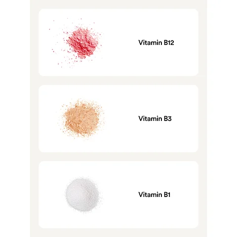 Image 1 - Image shows three piles of powders, with the top pile being reddish for Vitamin B12, the middle pile tan for Vitamin B3, and the bottom pile white for Vitamin B1, each labeled with their respective vitamin names.