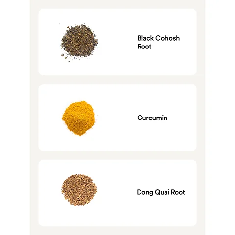 Image 1 - Image shows three piles of different herbal powders arranged vertically on a light background, labeled from top to bottom as follows: Black Cohosh Root, Curcumin, and Dong Quai Root.