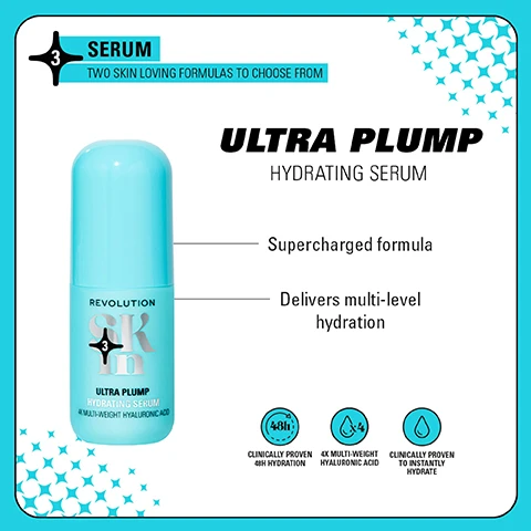 Image 1 - A light blue bottle of hydrating serum labeled Ultra Plump on a turquoise background, with text that reads: Supercharged formula, Delivers multi-level hydration, 48H hydration, and 4X multi-weight hyaluronic acid, along with Clinically proven to instantly hydrate.
Image 2 - Image shows a comparison between two skincare products: on the left, a dropper bottle labeled REVOLUTION SKIN with the word HYDRATE at the bottom, and on the right, a cylindrical container labeled REVOLUTION and ULTRA PLUMP with text that says NEW LOOK. SAME INCREDIBLE FORMULA. at the bottom.
Image 3 - Four blocks of skincare products are arranged in a grid: the top left displays products labeled Be Bright with bright orange and yellow packaging, the top right features Happy Hydrate with teal and blue packaging, the bottom left shows Clearly Clarify in teal and green, and the bottom right presents Go Gentle in pink and white, with each block containing a subtitle summarizing the product benefits.