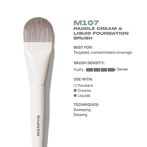 Image 3 - Image of a Morphe M107 paddle cream and liquid foundation brush with a description showing its best use for targeted coverage, brush density indicated as fluffy to dense, and options for use with powders, creams, and liquids, along with suggested techniques of sweeping and swiping.
Image 4 - Image shows a paddle cream and liquid foundation brush from Morphe, with dimensions indicated as 27mm in height and 172mm in length, featuring a white handle and dense bristles. Text on the image includes M107 Paddle Cream & Liquid Foundation Brush and the word MORPHE.
Image 5 - Close-up of a makeup brush with soft bristles and a light-colored handle, accompanied by text that reads: BEST-IN-BRUSH BENEFITS, Bristles infused with silver ion technology, known to have antibacterial benefits. Engineered to hold up to your daily routine. Designed with pro-perfectted brush heads.
Image 6 - Image shows six different foundation brushes displayed horizontally, each labeled with its name and description: M102 Rounded Cream & Liquid Foundation Brush - Light, buildable coverage; M103 Angled Cream & Liquid Foundation Brush - Controlled, precision coverage; M104 Domed Foundation Brush - Foolproof, seamless coverage; M105 Large Domed Foundation & Body Brush - Face and body application; M106 Flat-Topped Cream & Liquid Foundation Brush - Smooth, buffed-out coverage; M107 Paddle Cream & Liquid Foundation Brush - Targeted, concentrated coverage. Text at the top reads FIND YOUR FOUNDATION BRUSH.
Image 7 - Image shows a guide titled HOW TO TAKE CARE OF YOUR BRUSH with five numbered steps: 1. Wet bristles with warm water and a gentle cleanser. 2. Swirl bristles on the palm of your hand. 3. Rinse and repeat until water appears clear. 4. Gently squeeze out any excess moisture. 5. Reshape the bristles, then place the brush flat or upside down to air-dry. There is a caution note at the bottom advising against using hot water and submerging the brush.