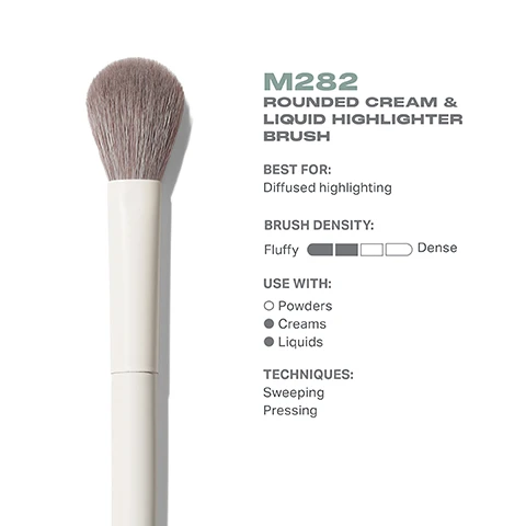 Image 3 - Image of a rounded brush labeled M282 for cream and liquid highlighter application, featuring descriptions of its best use, brush density, compatible products, and techniques including best for diffused highlighting, fluffy brush density, use with powders, creams, and liquids, and techniques of sweeping and pressing.
Image 4 - A rounded makeup brush with a fluffy head is shown from the top and side views, labeled with dimensions of 43mm and 193mm, and includes the text M282 Rounded Cream & Liquid Highlighter Brush and MORPHE.
Image 5 - Close-up of a makeup brush with soft bristles and a sleek handle beside text that highlights its antibacterial benefits from silver ion technology, durability for daily use, and pro-perfected brush heads.
Image 6 - Image of four makeup brushes labeled with their names and uses: M241 Angled Powder Bronzer Brush for quick, allover bronzing; M242 Slanted Cream & Liquid Bronzer Brush for soft sculpting; M243 Slanted Cream & Liquid Contour Brush for precision contouring; M282 Rounded Cream & Liquid Highlighter Brush for diffused highlighting.
Image 7 - Image showing a list titled HOW TO TAKE CARE OF YOUR BRUSH with five numbered steps for cleaning a brush, alongside a caution message about proper care. The steps describe wetting the bristles, swirling them, rinsing until clear, squeezing out moisture, and reshaping the bristles for air-drying. Visible text includes the cautionary note about avoiding hot water and proper cleaning methods.