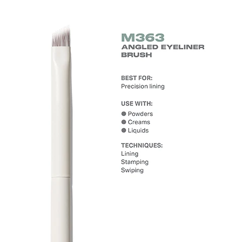 Image 3 - Image of an angled eyeliner brush labeled M363, with accompanying text that reads BEST FOR: Precision lining USE WITH: Powders, Creams, Liquids TECHNIQUES: Lining, Stamping, Swiping.
Image 4 - Image depicts an angled eyeliner brush with a top view showing the bristles and a side view highlighting its length of 155mm and width of 7.5mm, labeled as M363 by Morphe.
Image 5 - A close-up image of a brush with a white handle and soft, gray bristles, accompanied by text that reads BEST-IN-BRUSH BENEFITS Bristles infused with silver ion technology, known to have antibacterial benefits. Engineered to hold up to your daily routine. Designed with pro-perfected brush heads.
Image 6 - Image shows four makeup brushes labeled as M362 Pointed Eyeliner Brush, M363 Angled Eyeliner Brush, M382 Detail Smudger Eye Brush, and M383 Pointed Detail Eye Brush, with descriptive text below each brush indicating their purposes: Controlled, foolproof lining, Precision lining, Smudging out lash lines, and Defining corners and brow bones, along with the title FIND YOUR EYE DETAILER BRUSH at the top.
Image 7 - Image showing a list titled HOW TO TAKE CARE OF YOUR BRUSH with five numbered steps detailing brush care instructions, and a caution note at the bottom. The visible text includes step-by-step guides and a caution about avoiding hot water and submerging the brush.