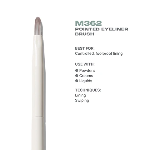 Image 4 - Image shows a pointed eyeliner brush with a white handle, accompanied by text that explains its best use for controlled foolproof lining, compatibility with powders, creams, and liquids, and techniques of lining and swiping.
Image 5 - Image of a Morphe M362 pointed eyeliner brush shown from the top view and side view, with dimensions indicating the brush head is 8mm wide and the total length is 158mm.
Image 6 - Close-up of a makeup brush with soft, grey bristles and a white handle, accompanied by text highlighting its antibacterial properties, durability for daily use, and pro-perfect brush head design.
Image 7 - Image shows four makeup brushes labeled with their specific uses, including a pointed eyeliner brush, an angled eyeliner brush, a detail smudger eye brush, and a pointed detail eye brush, with accompanying text describing their functions: controlled, foolproof lining; precision lining; smudging out lash lines; and defining corners and brow bones.
Image 8 - Image shows a step-by-step guide on hairbrush care with five numbered instructions and a caution note at the bottom: 1 Wet bristles with warm water and a gentle cleanser. 2 Swirl bristles on the palm of your hand. 3 Rinse and repeat until water appears clear. 4 Gently squeeze out any excess moisture. 5 Reshape the bristles, then place the brush flat or upside down to air-dry. CAUTION: To avoid compromising the brush construction, do not use hot water, wet the brush ferrule, or submerge your brush in water or cleaner.