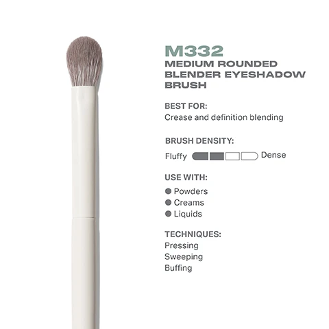 Image 3 - Image of a medium rounded blender eyeshadow brush with a fluffy bristle head and a white handle, accompanied by text detailing its name, best use for crease and definition blending, brush density scale, recommended uses of powders, creams, and liquids, and application techniques including pressing, sweeping, and buffing.
Image 4 - Image shows a medium rounded blender eyeshadow brush with a textured gray bristle head from the top view and a side view, labeled with dimensions of 15mm for the bristle head height and 165mm for the brush length, with M332 and MORPHE visible on the image.
Image 5 - Image of a makeup brush with dense bristles, placed upright in a light-colored holder, accompanied by text detailing its antibacterial benefits, durability, and design features. Text reads: BEST-IN-BRUSH BENEFITS Bristles infused with silver ion technology, known to have antibacterial benefits. Engineered to hold up to your daily routine. Designed with pro-perfected brush heads.
Image 6 - Image shows three eyeshadow blending brushes with labels above each specifying their types and uses: M331 Tapered Blender Eyeshadow Brush, M332 Medium Rounded Blender Eyeshadow Brush, and M333 Large Rounded Blender Eyeshadow Brush, with descriptions for targeted blending, crease and definition blending, and shadow-transition blending.
Image 7 - Image shows a step-by-step guide titled HOW TO TAKE CARE OF YOUR BRUSH with numbered instructions on brush care and a caution note at the bottom. The instructions describe wetting bristles, swirling them, rinsing, squeezing out moisture, and reshaping the bristles for air-drying. The caution reads: To avoid compromising the brush construction, do not use hot water, wet the brush ferrule, or submerge your brush in water or cleaner.