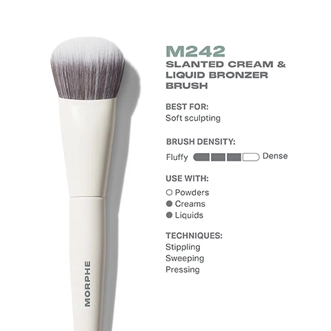 Image 3 - Image of a slanted cream and liquid bronzer brush with a fluffy brush head and a white handle, accompanied by text detailing the brushs best use for soft sculpting, brush density, recommended products (powders, creams, liquids), and application techniques (stippling, sweeping, pressing).
Image 4 - A slanted cream and liquid bronzer brush with a white handle is shown from the top and side views, with measurements indicating the brush head is 25mm wide and the total length is 175mm, along with the brand name Morphe displayed on the handle.
Image 5 - A close-up image of a makeup brush with soft bristles, featuring a sleek handle, alongside text highlighting its antibacterial benefits, daily durability, and pro-perfected brush heads.
Image 6 - Image shows four makeup brushes labeled as M241 Angled Powder Bronzer Brush, M242 Slanted Cream & Liquid Bronzer Brush, M243 Slanted Cream & Liquid Contour Brush, and M282 Rounded Cream & Liquid Highlighter Brush, with descriptions underneath reading Quick, all-over bronzing, Soft sculpting, Precision contouring, and Diffused highlighting.
Image 7 - Image showing a step-by-step guide on how to take care of a brush, with numbered instructions including wetting bristles, swirling on the palm, rinsing, squeezing excess moisture, and reshaping before air-drying, along with a caution note about brush care.