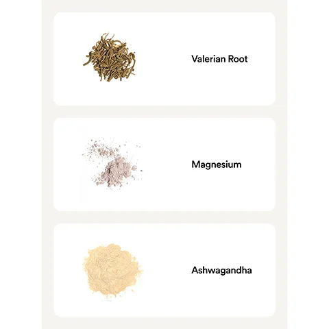 Image 1 - Image shows three piles of herbal powders with labels: the top pile is Valerian Root, the middle is Magnesium, and the bottom is Ashwagandha.