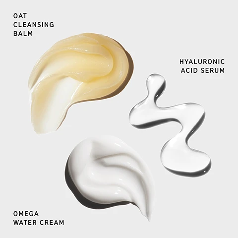 Image 1 - A flat lay of three skincare products: a dollop of yellow oat cleansing balm on the top left, a shiny silver hyaluronic acid serum in the center, and a smooth white omega water cream at the bottom left, with labels stating OAT CLEANSING BALM, HYALURONIC ACID SERUM, and OMEGA WATER CREAM.
Image 2 - Image shows three skincare products arranged on a white background: Oat Cleansing Balm, Hyaluronic Acid Serum, and Omega Water Cream, with text above stating Clinically-tested 3 steps for hydrated, healthier-looking skin, and descriptions below each product: 1 CLEANSE - Oat Cleansing Balm, Melt away makeup in one swipe; 2 TREAT - Hyaluronic Acid Serum, Non-tacky hydrating super serum; 3 MOISTURIZE - Omega Water Cream, Lightweight drench of hydration.
Image 3 - Image of a product promotion featuring a sachet of Ectoin Hydro-Barrier Serum, with text indicating it includes a free sample, and additional text stating it is clinically proven to hydrate and strengthen the skin barrier in 15 minutes, along with a disclaimer about a clinical study of 31 people.