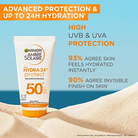 Image 1 - A tube of Garnier Ambre Solaire sunscreen is displayed on a sandy surface with a blue background, featuring text that states ADVANCED PROTECTION & UP TO 24H HYDRATION, HIGH UVB & UVA PROTECTION, 93% AGREE SKIN FEELS HYDRATED INSTANTLY, and 90% AGREE INVISIBLE FINISH ON SKIN.
Image 2 - A close-up image of a creamy, white substance with a central droplet containing orange and yellow hues, labeled with text highlighting key ingredients: Glycerin, Shea Butter, and Vitamin C.
Image 3 - A close-up image of a white, creamy texture with visible swirls and grooves, accompanied by text that reads: LIGHTWEIGHT, SUMMER-PROOF TEXTURE, ABSORBS QUICKLY, NON-GREASY & NON-STICKY, INVISIBLE FINISH, NO WHITE CAST, SWEAT, SAND & VERY WATER-RESISTANT.
Image 4 - A hand holds a tube of Garnier Ambre Solaire Hydra 24+ Protect sun cream, with a blue background and text that reads HOW TO USE, STEP 1. APPLY PRODUCT ONTO SKIN BEFORE SUN EXPOSURE, STEP 2. RE-APPLY FREQUENTLY AND GENEROUSLY TO MAINTAIN PROTECTION, and VITAMIN C.
Image 5 - An image of a sunscreen product called Sun Blossom Elixir set against a beach background, featuring a coconut half and white flowers, with text detailing the fragrance notes: top notes are apricot, ylang-ylang, bergamot, and pear; heart notes are jasmine, frangipani, water lily, and tiare; base notes are coconut milk, sandalwood, and vanilla.
Image 6 - A woman with long hair is smiling and embracing herself while standing against a blue sky and ocean background, with the text FORMULATED FOR ALL SKIN TYPES displayed in orange beside her.
Image 7 - A display of various Hydra Protect sunscreen products arranged on a bright orange surface with a blue water background, featuring the text DISCOVER HYDRA PROTECT RANGE and HYDRATE & HELP PROTECT AGAINST SUN-INDUCED AGEING.
