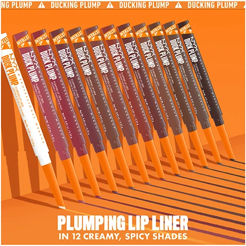 Image 1 - Image shows a collection of 12 plumping lip liners arranged in gradient order, with shades ranging from light to dark, along with the text PLUMPING LIP LINER IN 12 CREAMY, SPICY SHADES at the bottom.
Image 2 - A collage featuring four images of lips in different shades, showcasing a lip liner product on the bottom right labeled Duck Plump Lip Liner Swollen Spice 07, with the phrase No Makeup Retouching in the top center.
Image 3 - A close-up image of a pair of full lips wearing a nude lipstick shade, highlighting smooth skin and perfect alignment of teeth, with text that includes DUCKING PLUMP, DUCKING SPICY, UP TO 10 HR WEAR, VEGON FORMULA, cruelty-free, and NO MAKEUP RETOUCHING.
Image 4 - An image featuring a dual-edged makeup applicator with orange and purple text stating get that ducking plump pout, and descriptions for the applicators functions labeled as line precise tip and shape flat edge.
Image 5 - A collage of four images showing the application process for a lip product, including a close-up of lined lips at the top left, glossy lips at the top right with a brush, the lined and glossed result at the bottom left, and a smiling model showcasing the final look at the bottom right; visible text includes 01 LINE DUCK PLUMP LIP LINER - FLIRTY FLIP, 02 GLOSS DUCK PLUMP GLOSS - CHERRY SPICE, and 03 RESULT.
Image 6 - Image features four lip products with orange lids displayed against a bright background, accompanied by a cartoonish rubber duck with exaggerated lips and the text Infused with Spicy Ginger & Capsicum! Plump That Works Overtime and a label indicating New!
Image 7 - An advertisement featuring NYX Duck Plump lip products, displaying a lip liner and a plumping gloss alongside a color chart of various lip shades with names including Ducking Clear, Lilac, and Mocha Craze; the text reads ARE YOU READY FOR THIS HEAT? THE HOTTEST LIP COMBO.
Image 8 - Image shows a promotional graphic for NYX Duck Plump lip products, featuring a bottle of lip gloss and a coordinating lip liner, with a list of lip shades on the right and the text ARE YOU READY FOR THIS HEAT? THE HOTTEST LIP COMBO at the top, and DUCK PLUMP PLUMPING GLOSS + LINER and MIXY MATCHY at the bottom.
Image 9 - Three diverse arms with different skin tones display various lip liner shades on their forearms, alongside the product names and numbers for each shade, set against a solid orange background. The visible text includes: 01. DUCKING CLEAR 02. PINKJECTION 03. FLIRTY FLIP 04. FILLER UP 05. SUBTLE TOUCH 06. NUDE FLIP 07. SWOLLEN SPICE 08. DASH OF COCOA 09. BEIGE BOOST 10. SYRINGE SIENT 11. TOUCH UP TAUPE 12. DOUBLE DOSE.